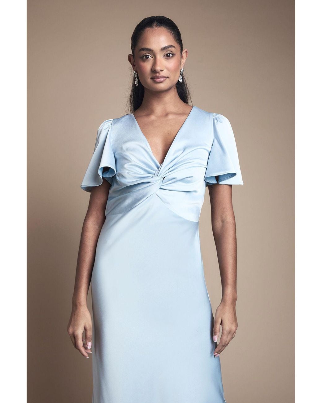 Oasis Blue Satin Twist Front Angel Sleeve Midi Bridesmaid Dress
