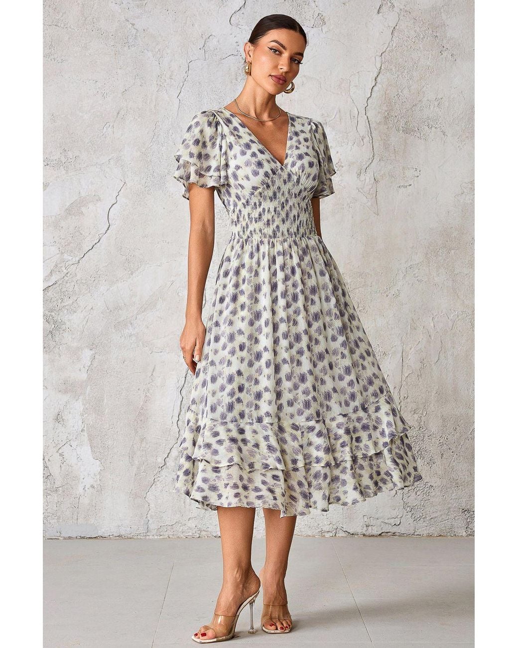 Jolie Moi Gray Frill Hem Chiffon Midi Dress