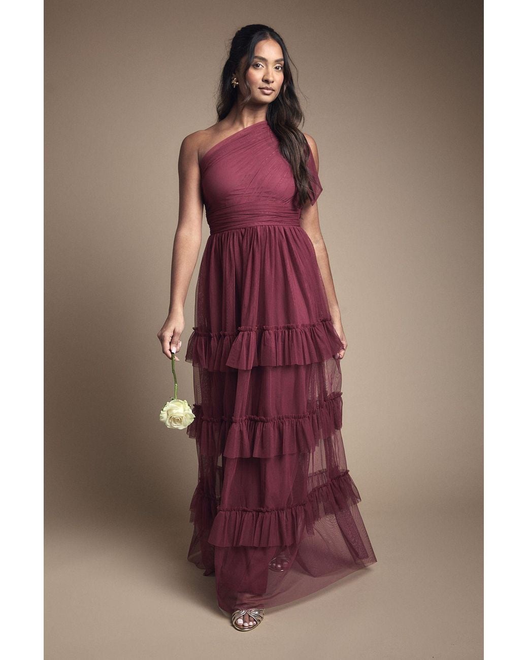 Oasis Multicolor Pleated Mesh One Shoulder Tiered Maxi Bridesmaid Maxi Dress