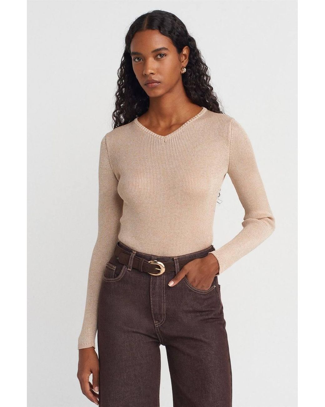 Dilvin Natural Slim Fit V-Neck Ribbed Sweater