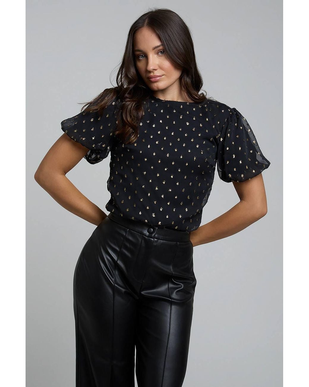 Influence Black Polka-Dot Short Puff Sleeve Round Neck Bodysuit