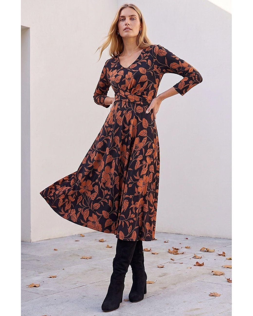 Roman Natural Leaf Print Wrap Midi Dress
