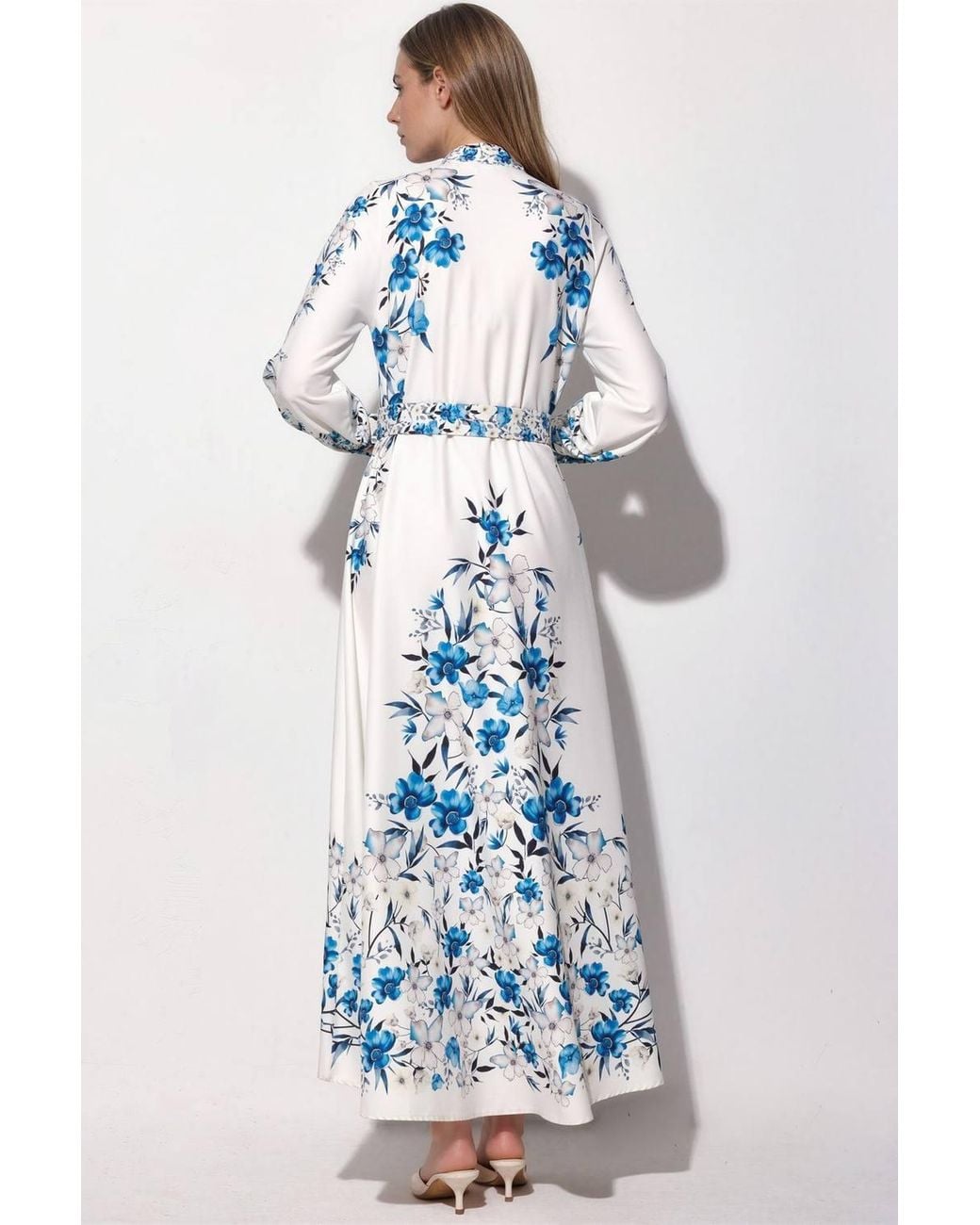 Msn-Collection Blue Floral Belted Maxi Shirt Dress