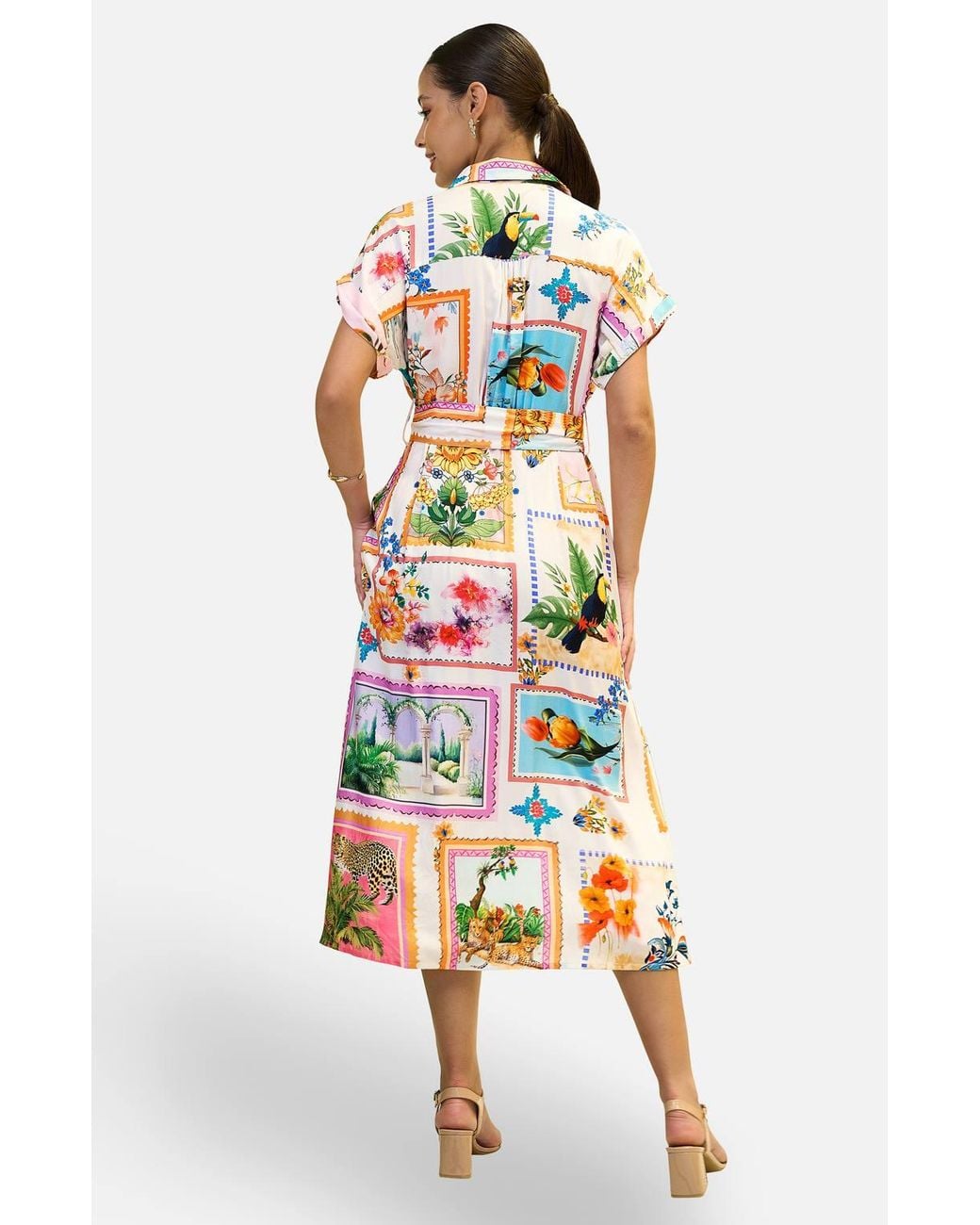 Yumi' White Ivory Tropical Postcard Print Relaxed Midi Shirt Dress