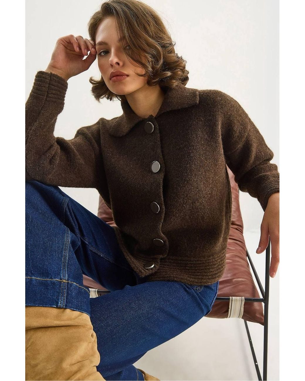 Bianco Lucci Blue Knit Cardigan With Button Closure
