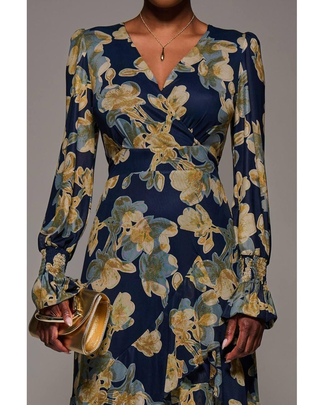 Jolie Moi Gray Long Sleeve Ruffle Hem Mesh Maxi Dress
