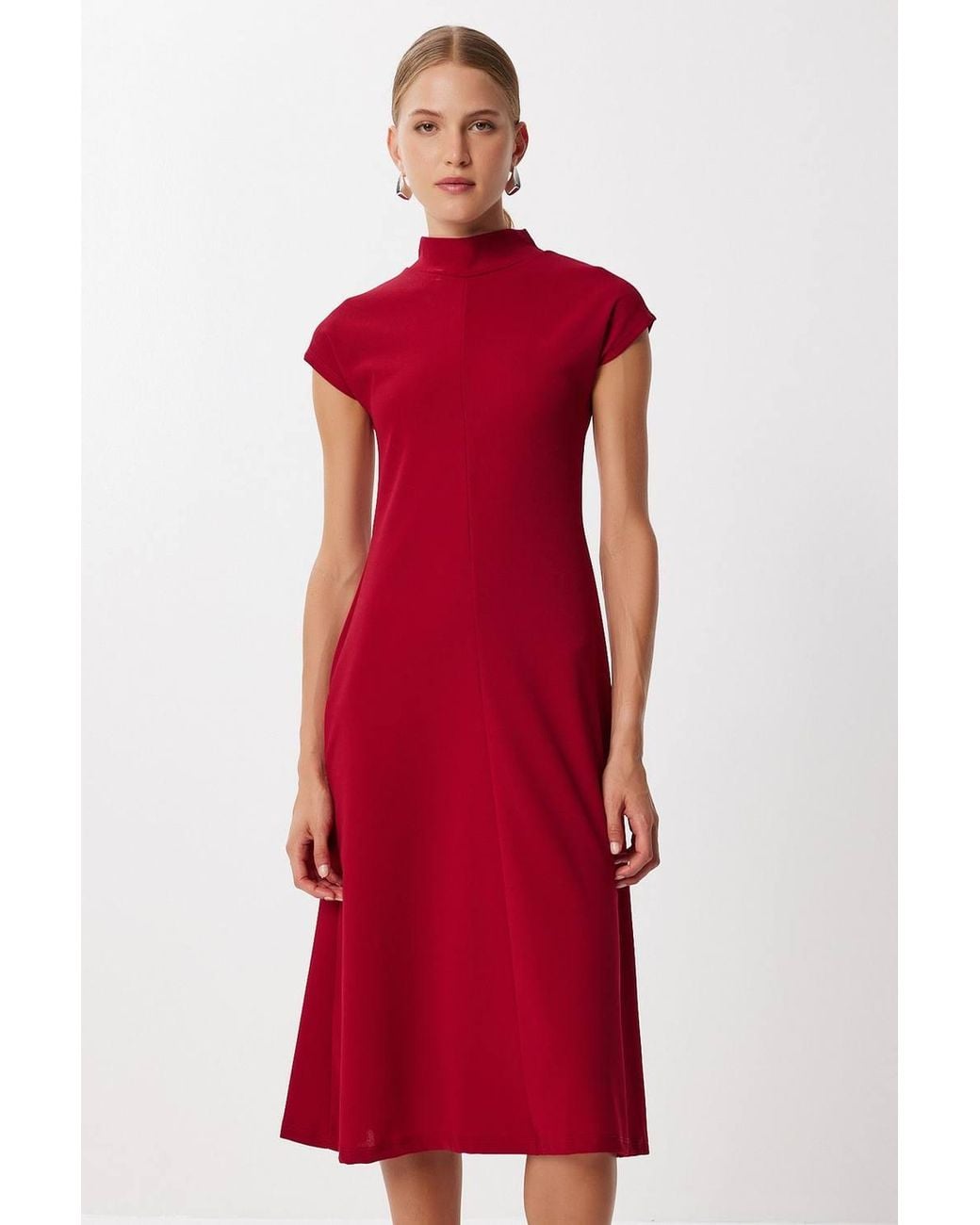 Happiness İstanbul Red A-Line Midi Dress With Half Turtleneck