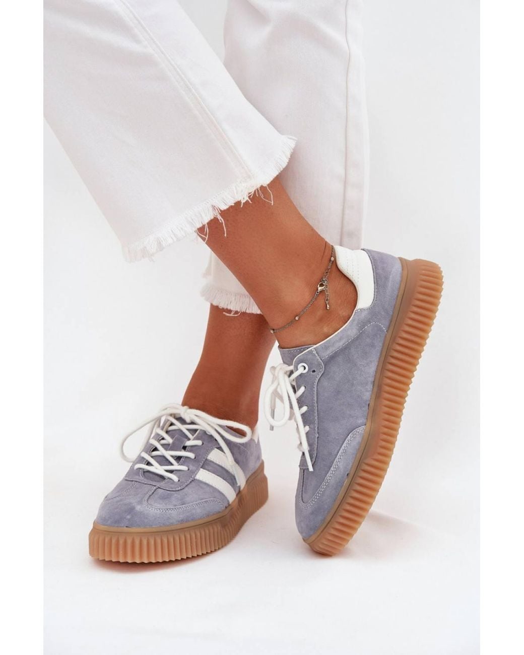 Love Lace White Real Suede Platform Round Toe Chunky Trainers