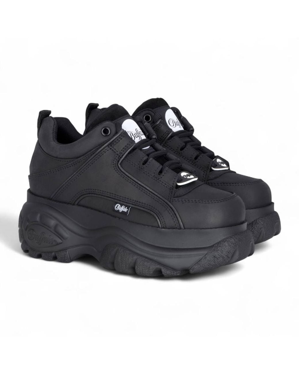 Infinity Leather Black Buffalo Leather Chunky Platform Fashion Trainers