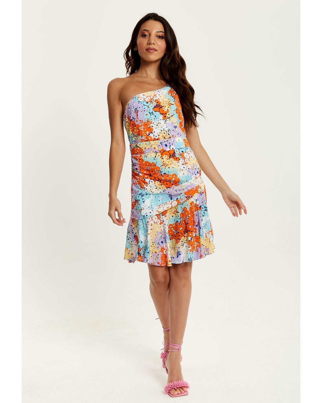 Liquorish Red Multicolour Floral Print One Shoulder Mini Dress