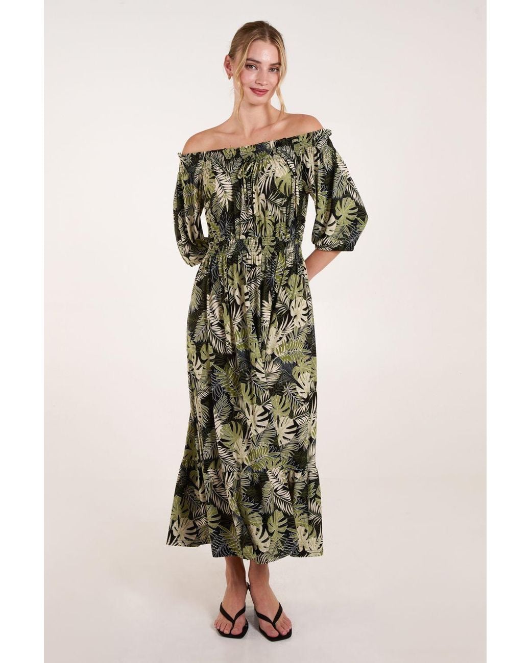 Blue Vanilla Green Bardot Elasticated Maxi Dress