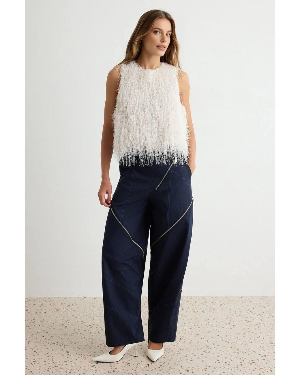 WOVCOR White Sleeveless Shimmer Fringe Detail Oversized Blouse