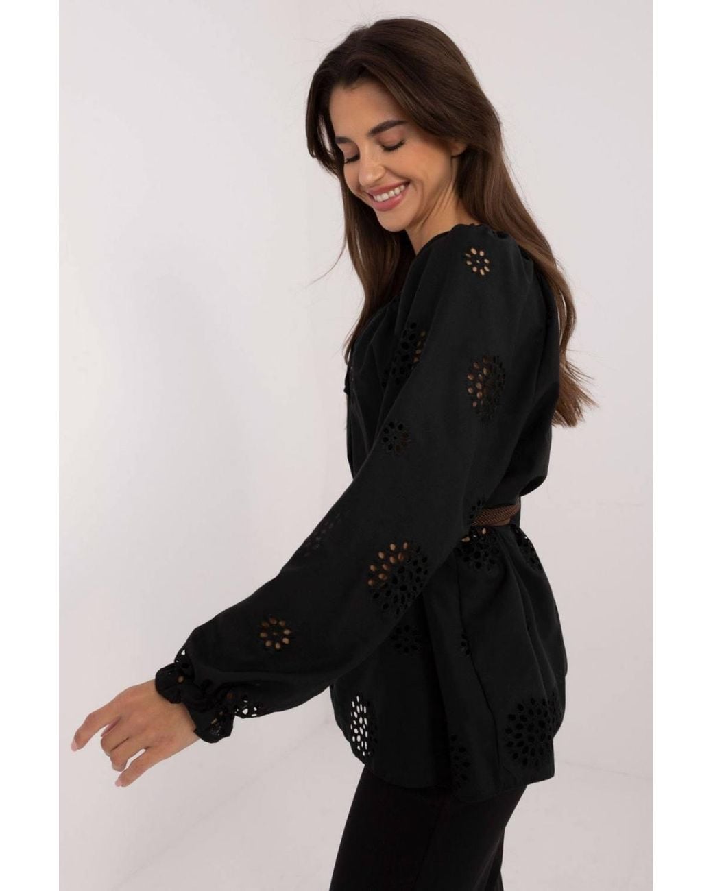 Love Lace Black Boho Cotton Lace Blouse With Belt & Tie