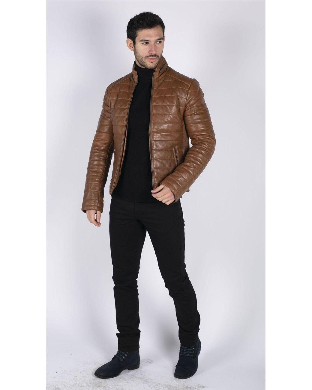 TruClothing Brown Real Leather Quilted Puffer Jacket for men