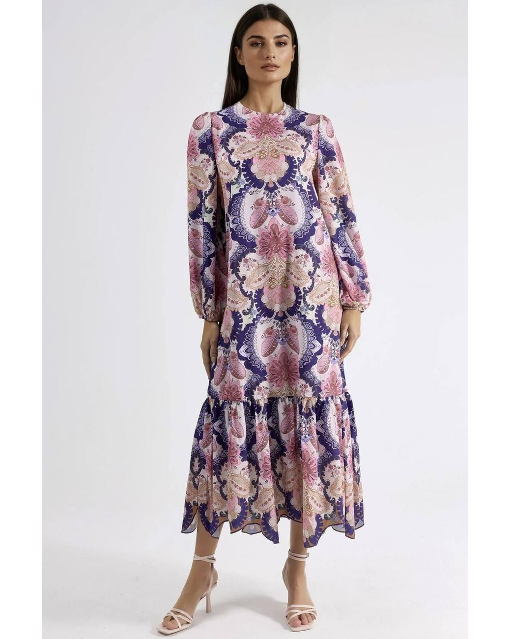 Msn-Collection Red Belted Paisley Patterned Midi Dress