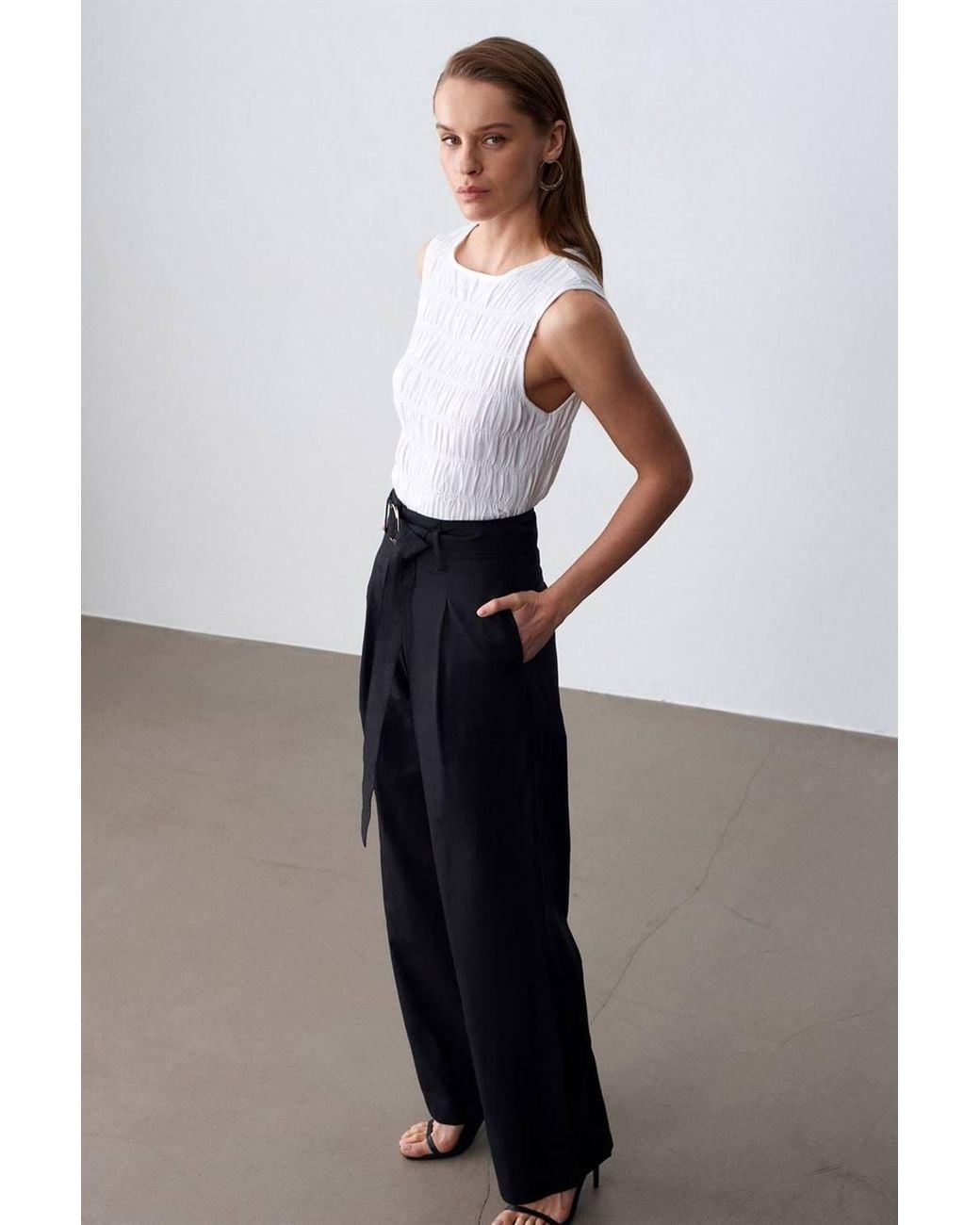 Dilvin Black Belted Wide-Leg Linen Blend Trousers