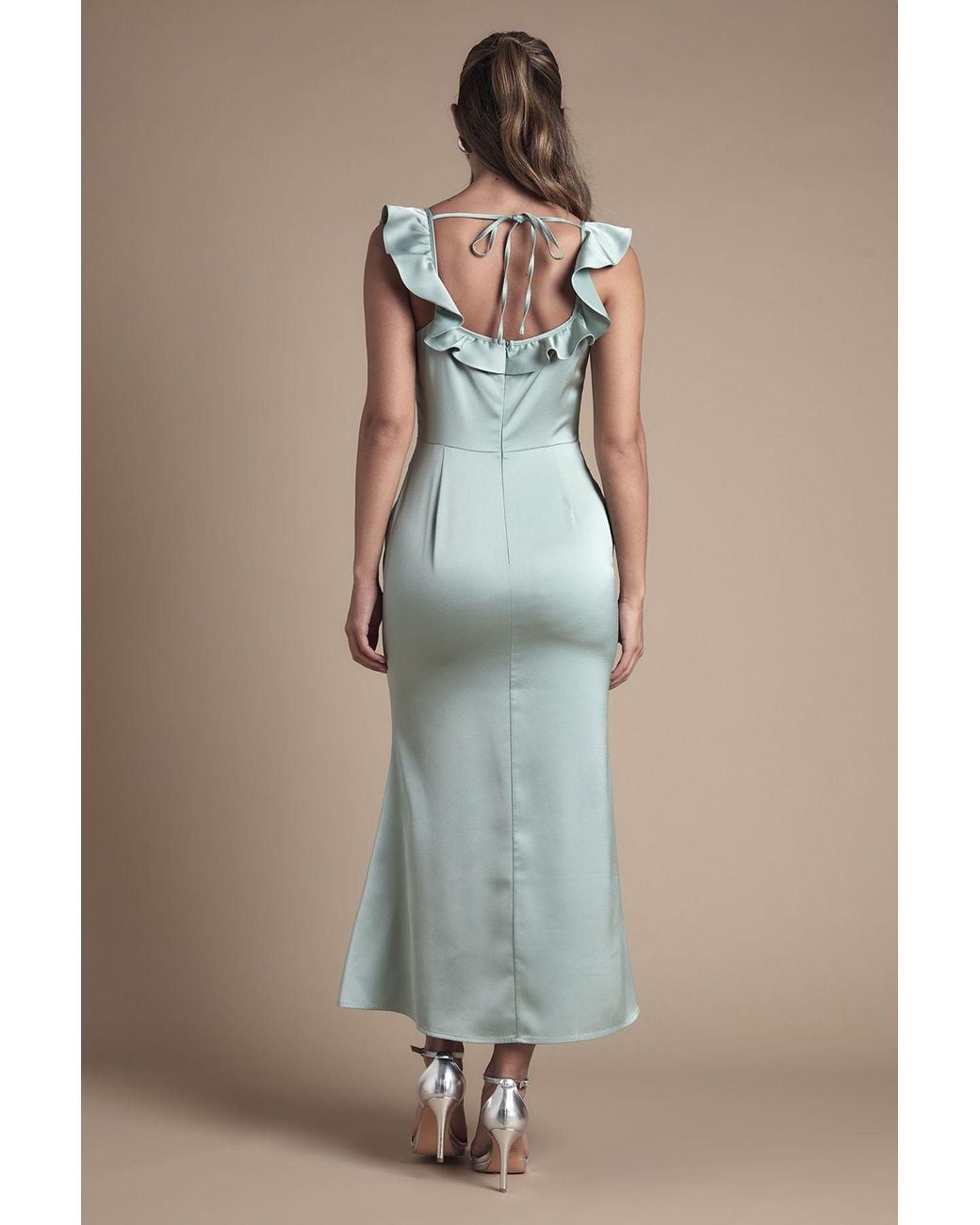 Oasis Green Ruffle Square Neck Satin Bridesmaid Midi Dress