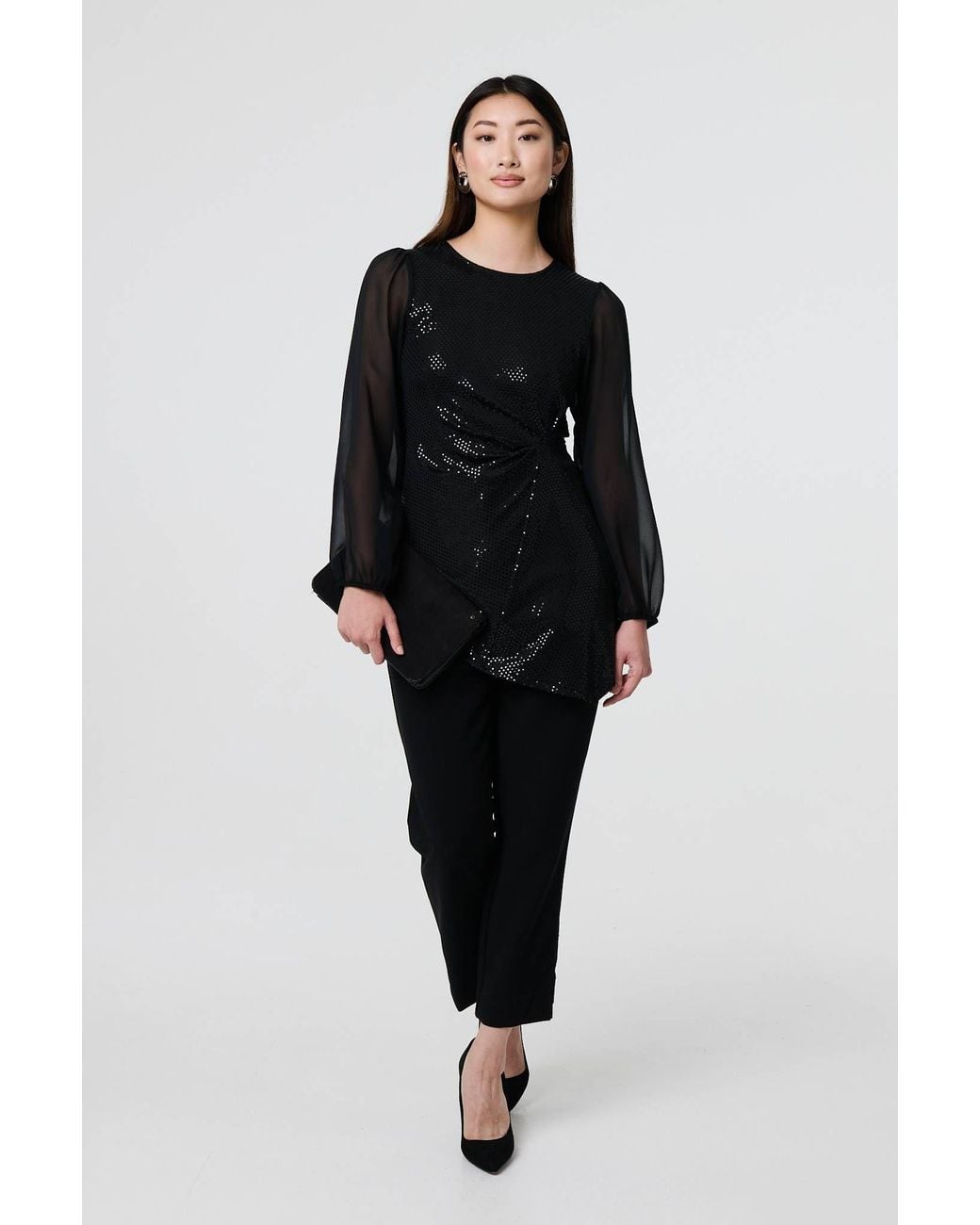 Izabel London Black Semi Sheer Sparkly Long Sleeve Blouse