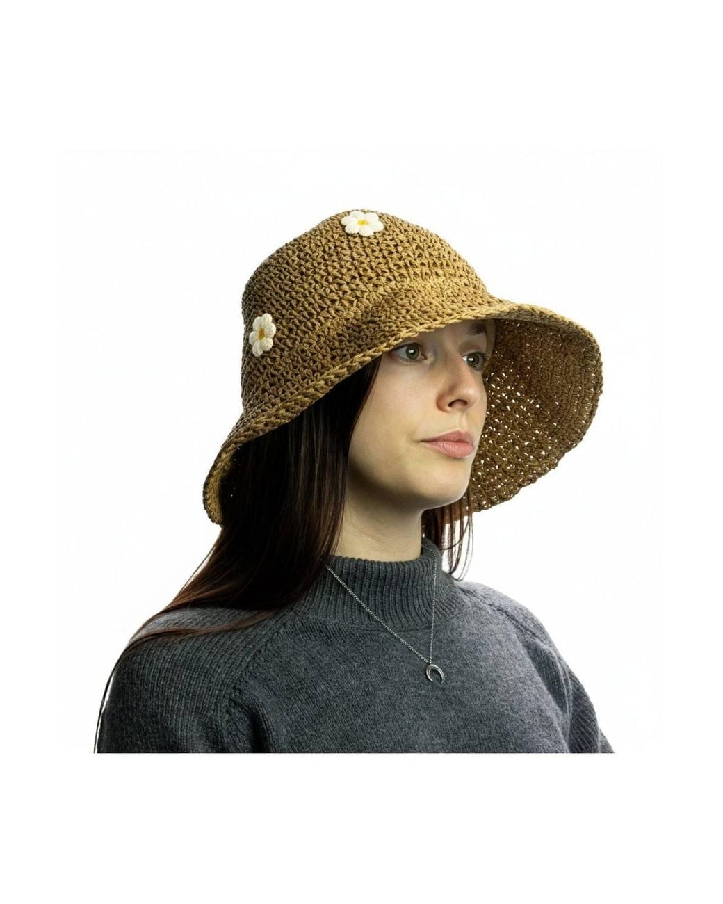 KDMD Brown Coffee Daisy Floppy Straw Sun Hat Wide Brim