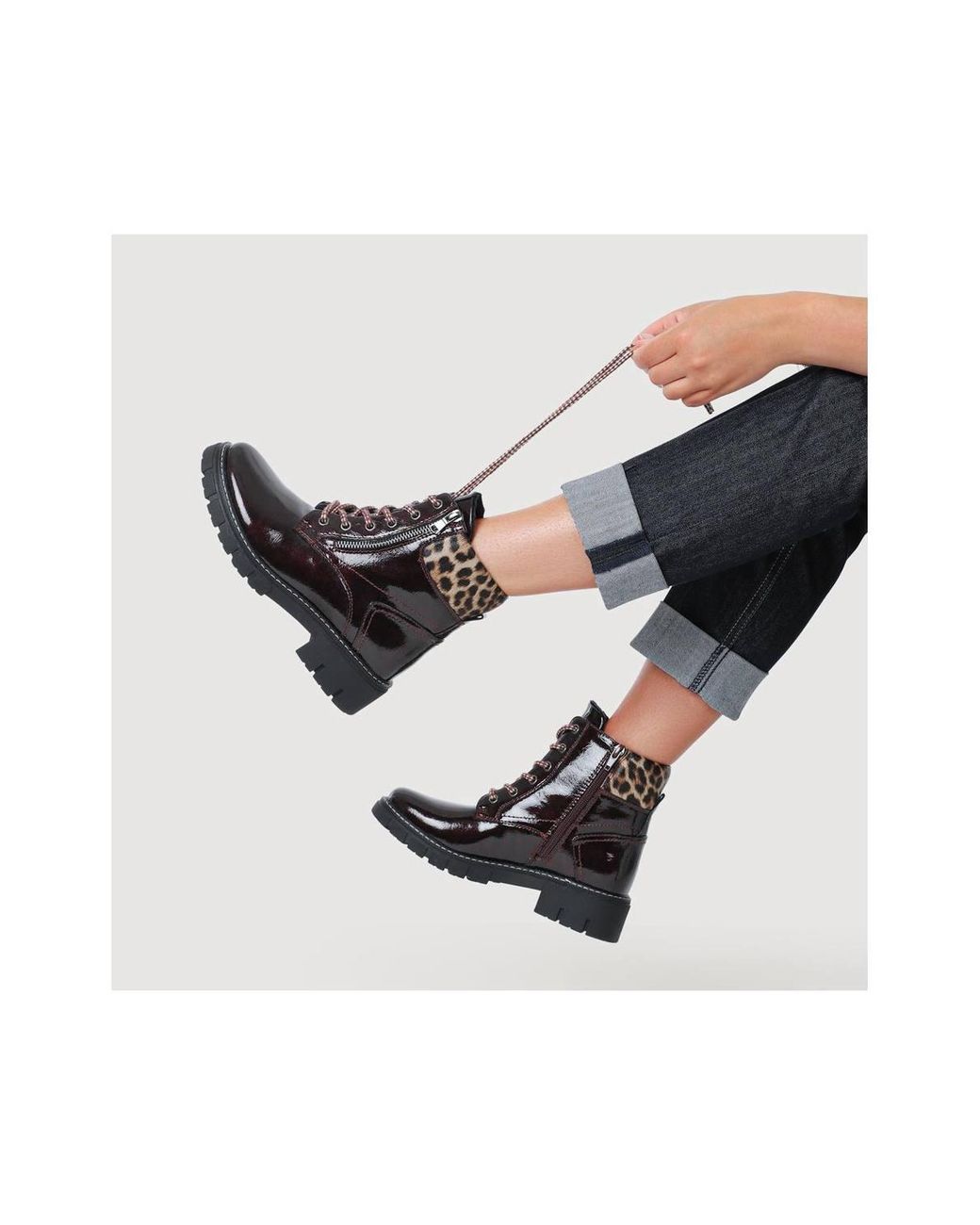 Pavers Brown Patent Zip & Lace Up Ankle Boots