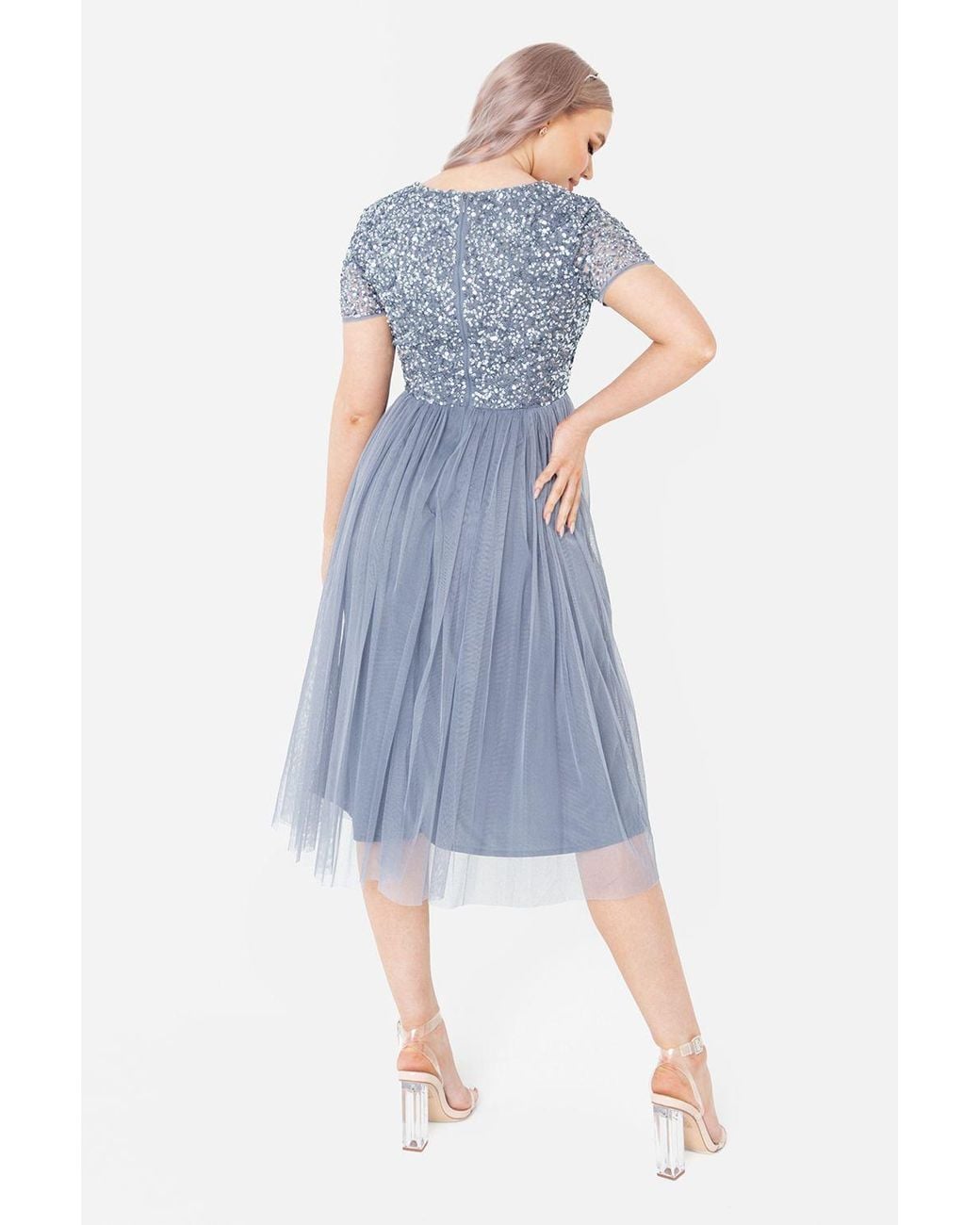 Maya Deluxe Blue Short Sleeve V Neck Embellished Midi Dress