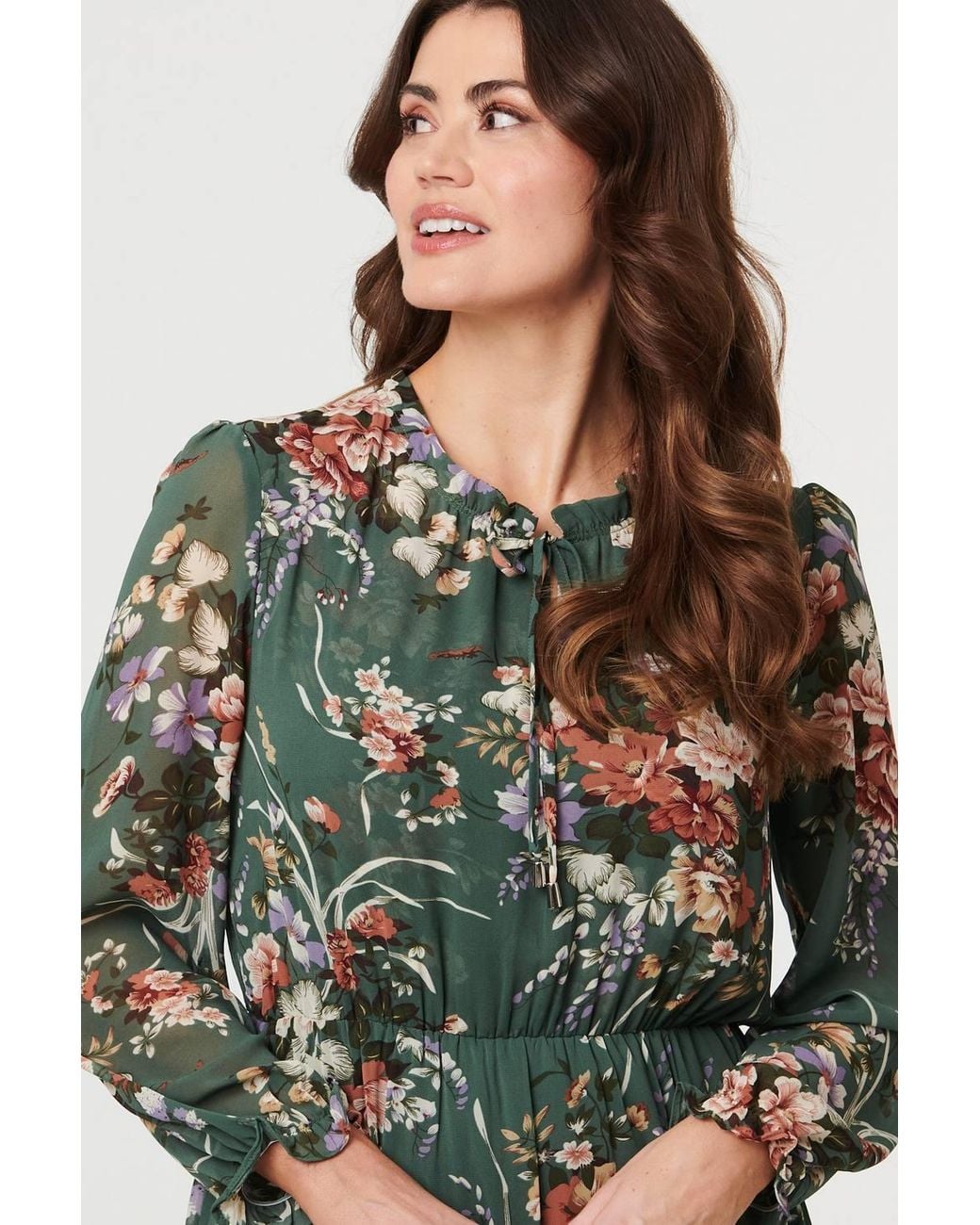 Izabel London Green Floral Tiered Long Sleeve Midi Dress