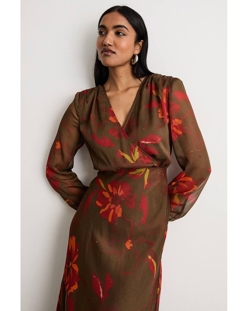 Warehouse Brown Printed Shoulder Pad V Neck Tie Detail Midi Dress