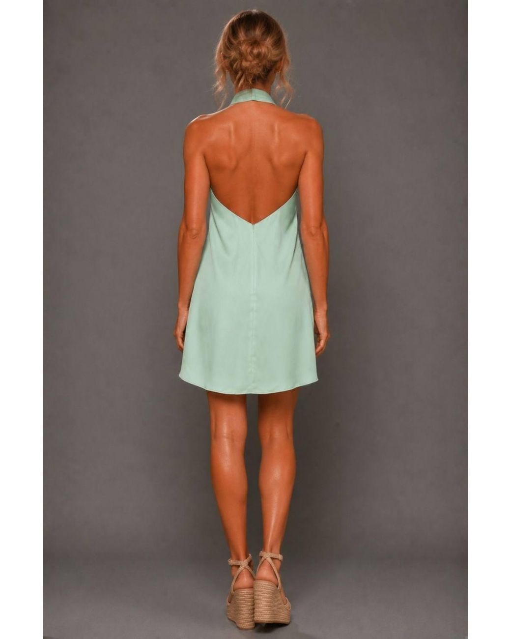Vesper Gray Twist Neck Low Back Mini Dress