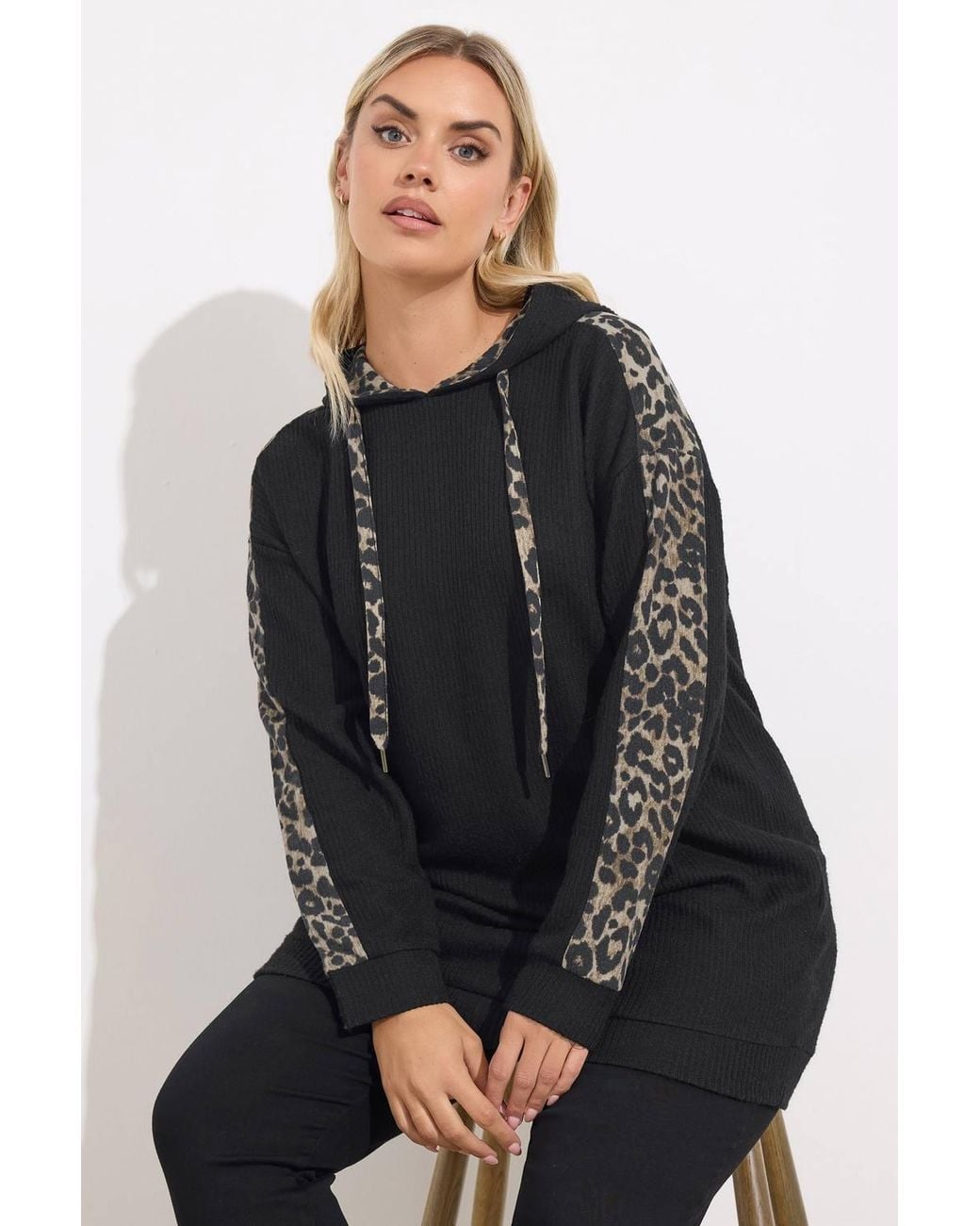 Yours Black Leopard Print Trim Hoodie