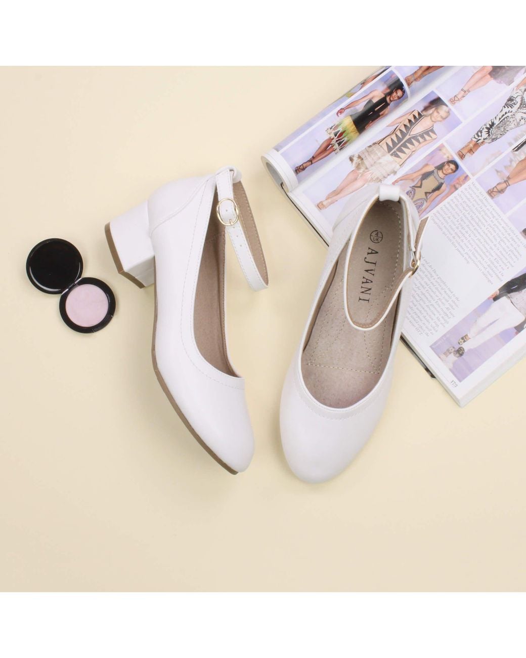 AJVANI Gray Mid Block Heel Ankle Strap Buckle Comfort Court Shoes