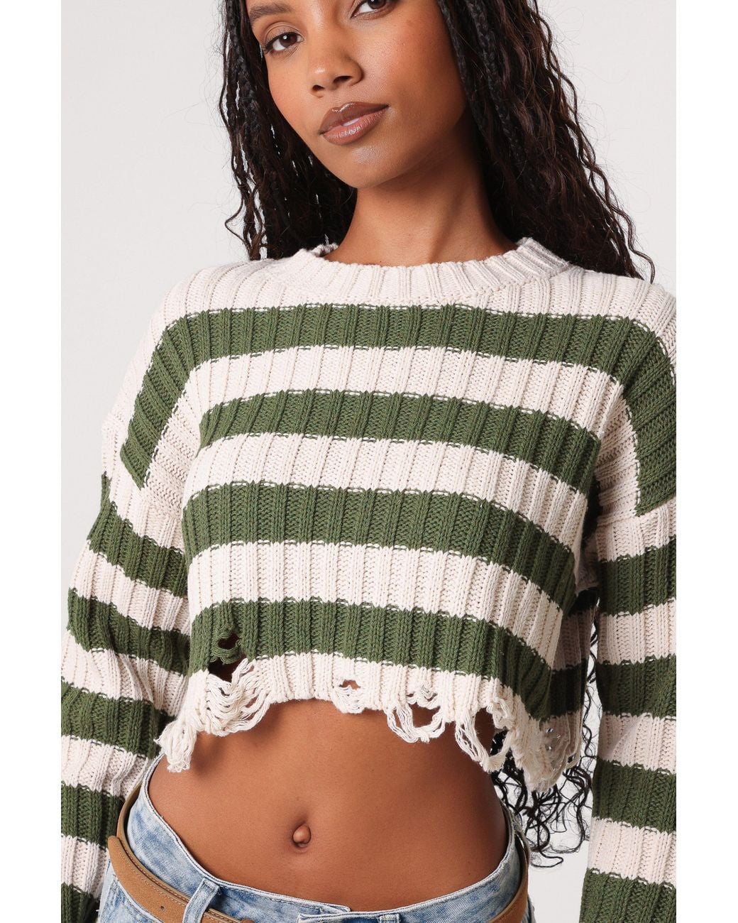 Pink Vanilla Blue Distressed Striped Crop Knit Jumper