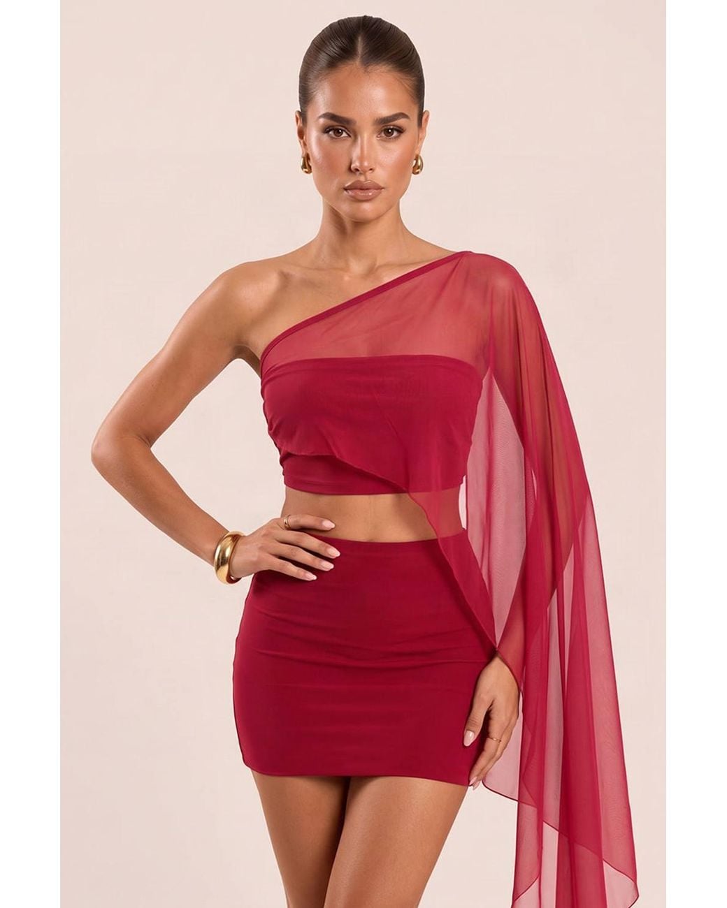 Rebellious Fashion Red Nelda Mesh One Shoulder Top & Mini Skirt Co-Ord Set