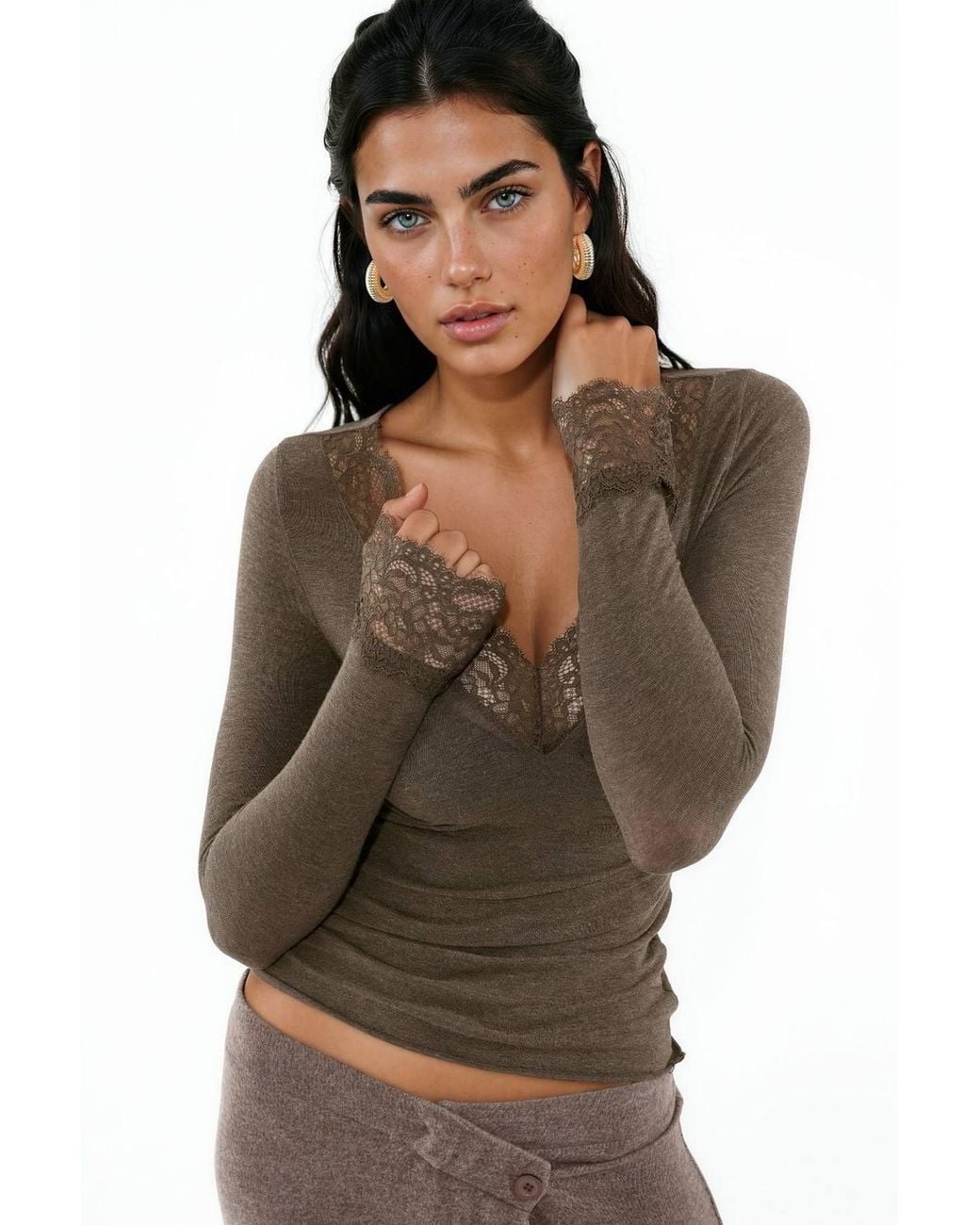 Busem Brown Long-Sleeve Lace V-Neck Top