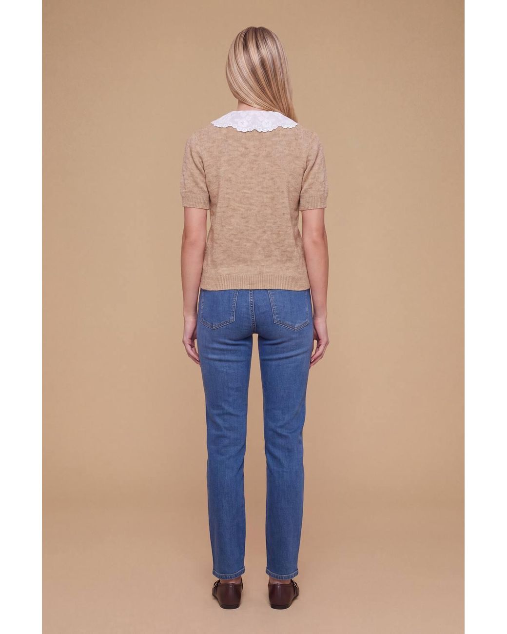 Dorothy Perkins Blue Broderie Woven Collar Detail Crop Knitted Top