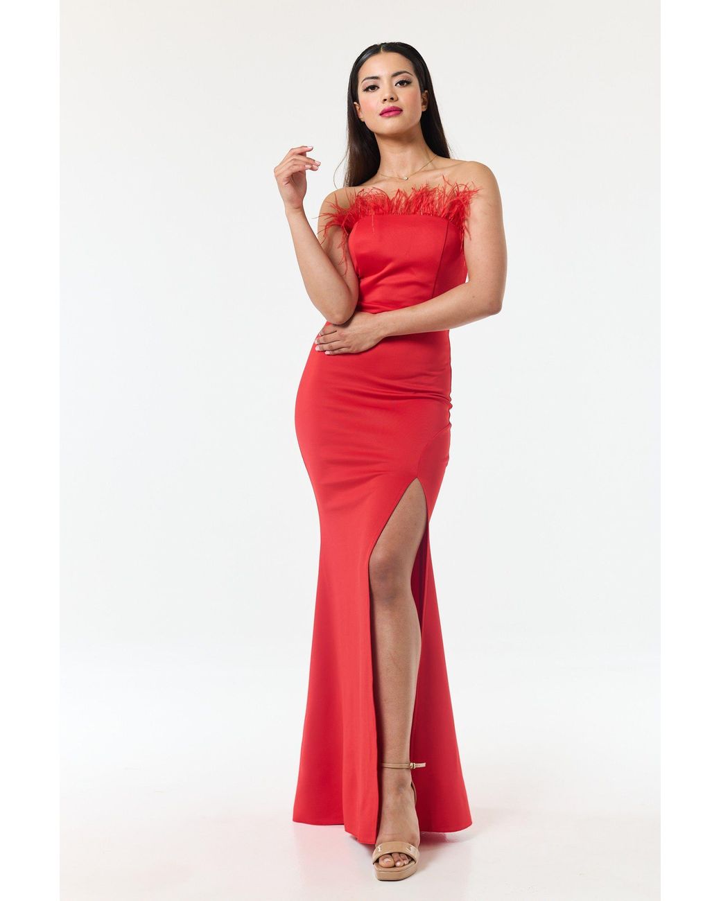 LuvForever Fashion Red Bandeau Side Slit Maxi Dress
