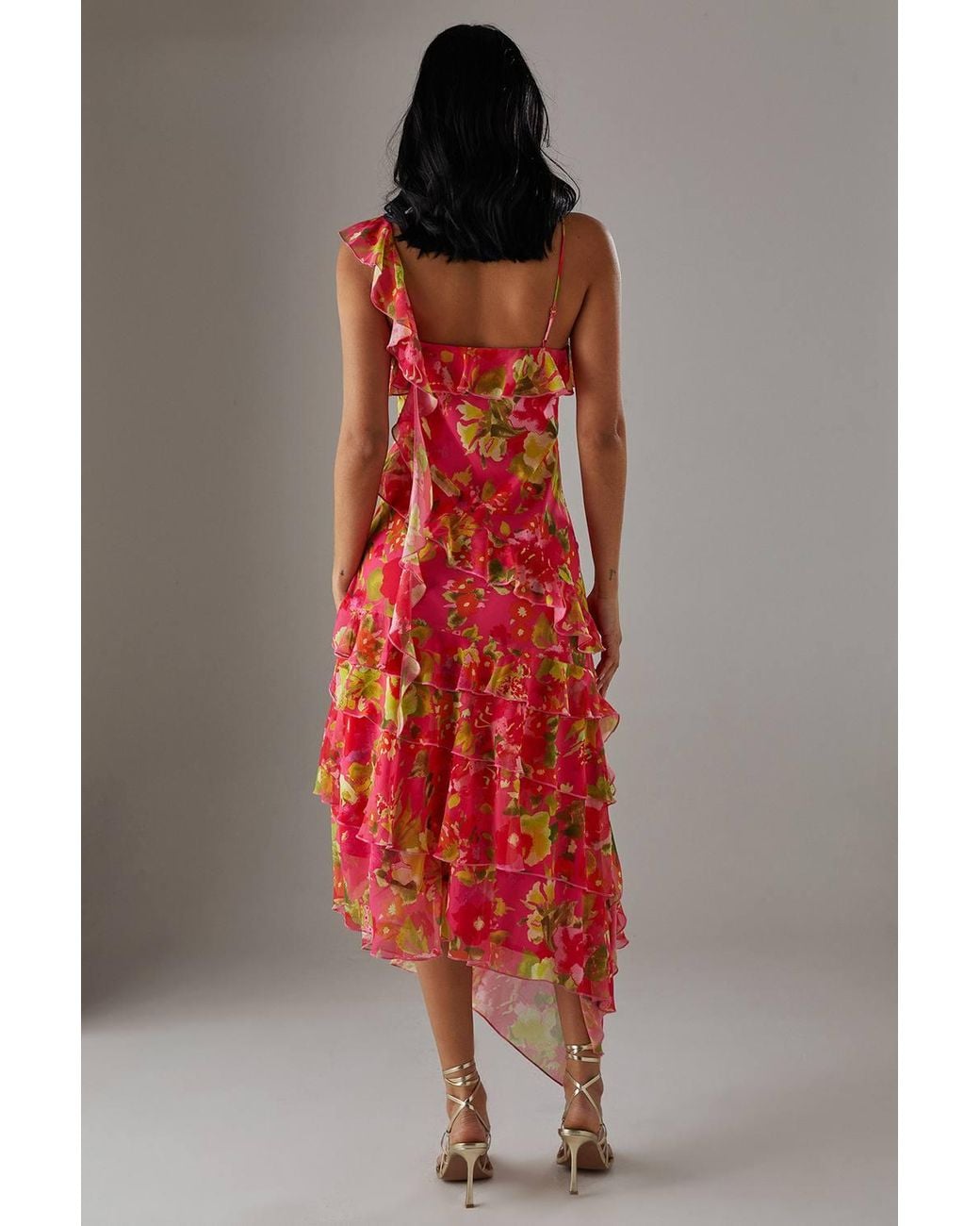Warehouse Red Chiffon Asymmetric Hem Ruffle Midi Slip Dress