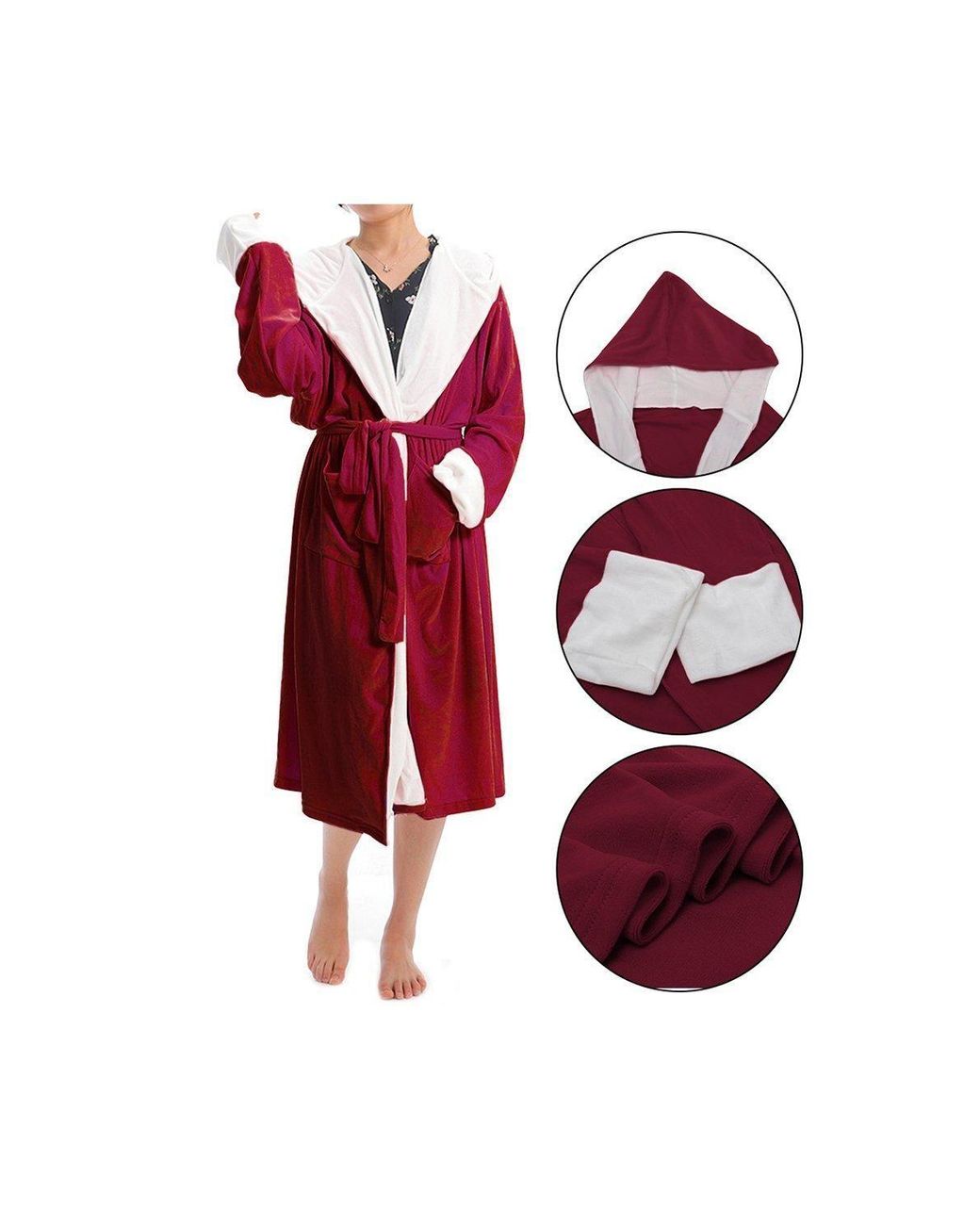 MODISHION Red Contrast Colour Flannel Hooded Dressing Gown