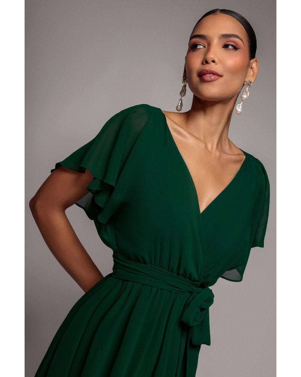 Goddiva Green Chiffon Flutter Sleeve Wrap Midi Dress