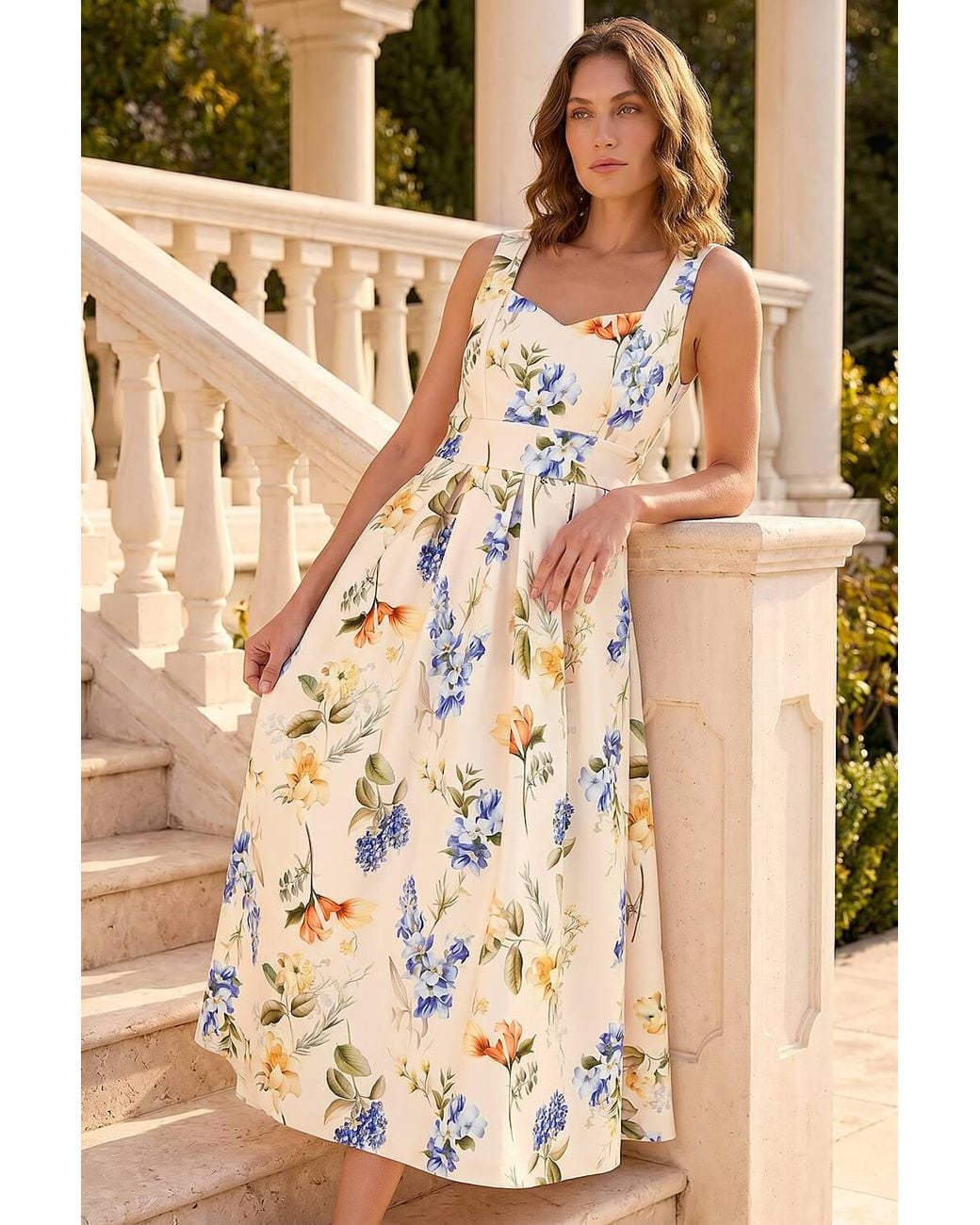 Roman Natural Petite Floral Print Premium Stretch Midi Dress
