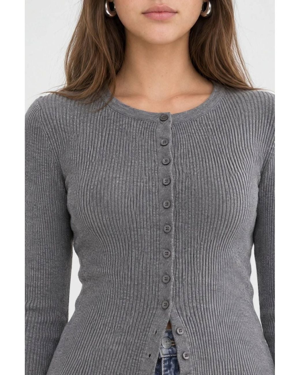 MixRay Gray Buttoned Slim Fit Ribbed Knit Cardigan