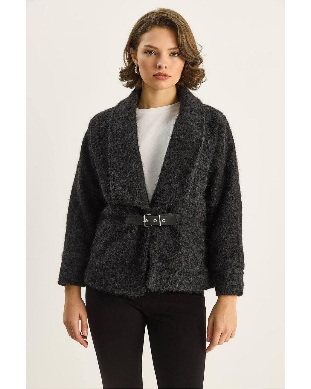 Bianco Lucci Black Coat With Belt Detail