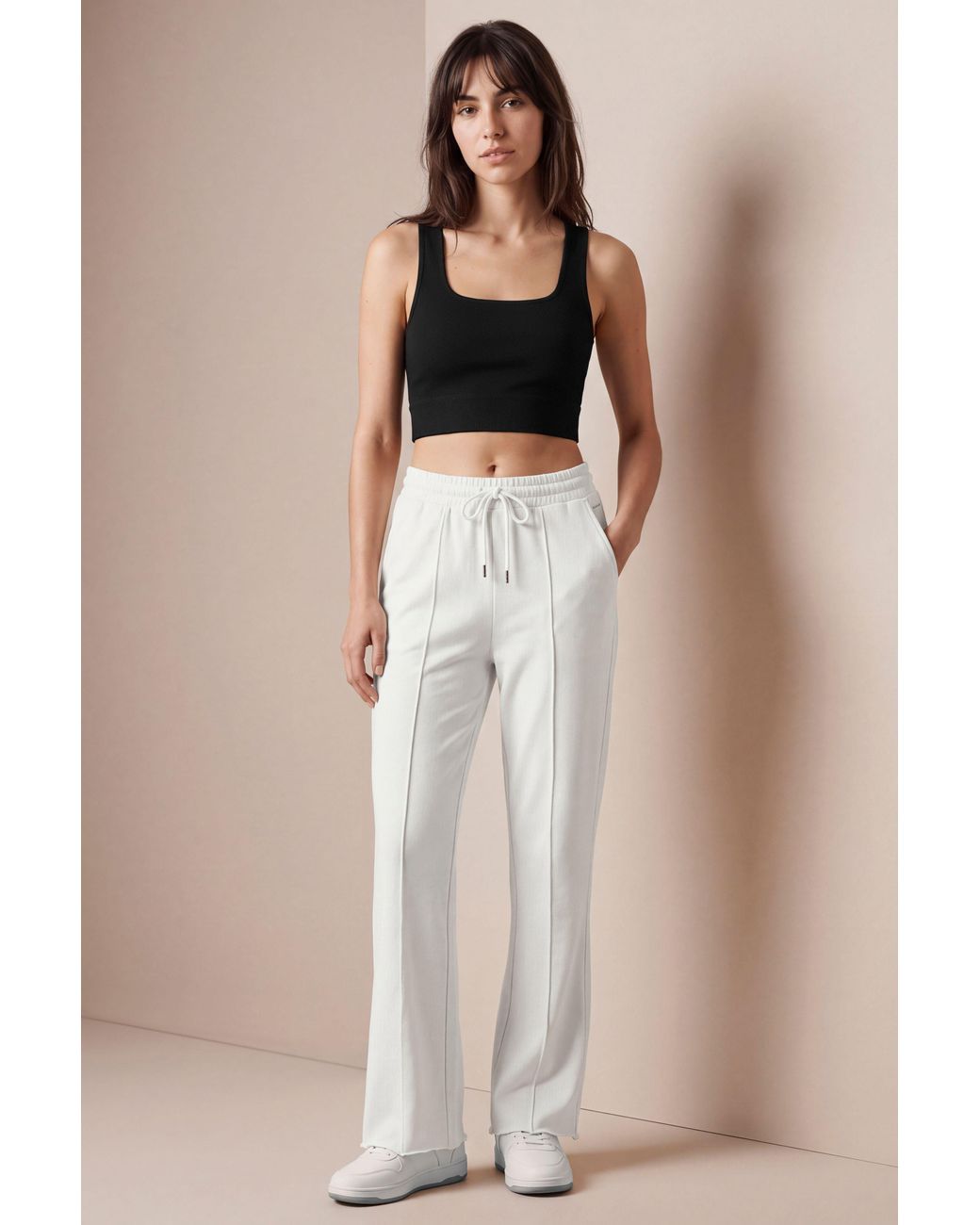 Enorsia White Pin Tuck Front Jersey Trousers