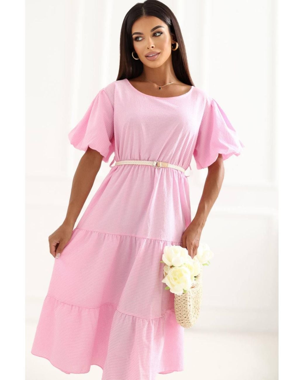 Love Lace Pink Summer Cotton Short Sleeve Checked Dress