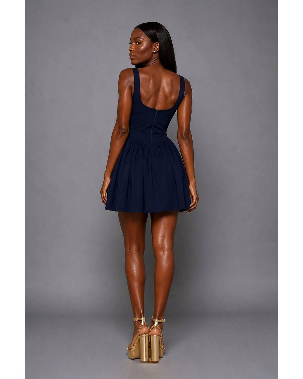 Vesper Blue Square Neck Skater Skirt Mini Dress
