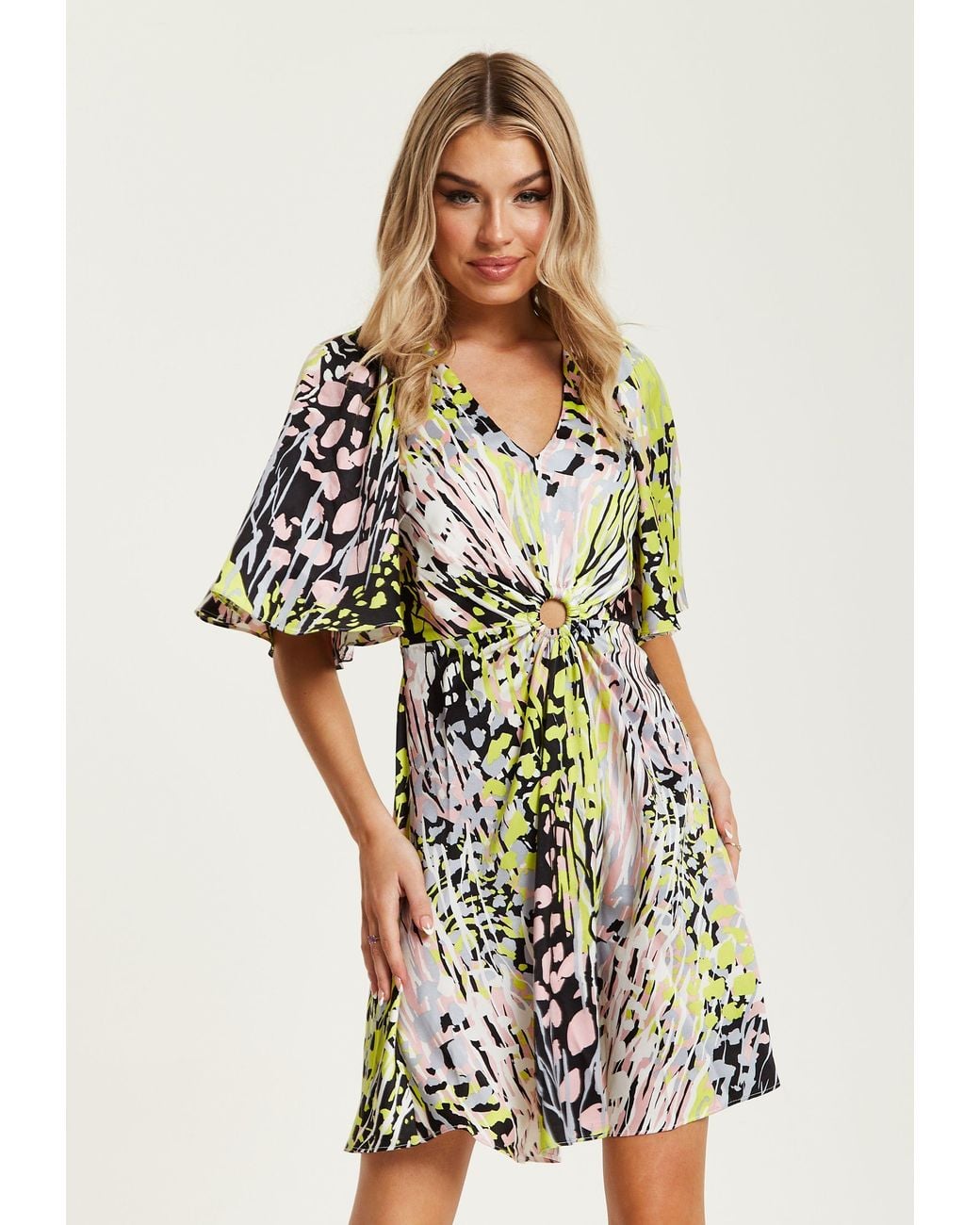 Liquorish White Multicolour Abstract Print Mini Dress With Cut Out Front