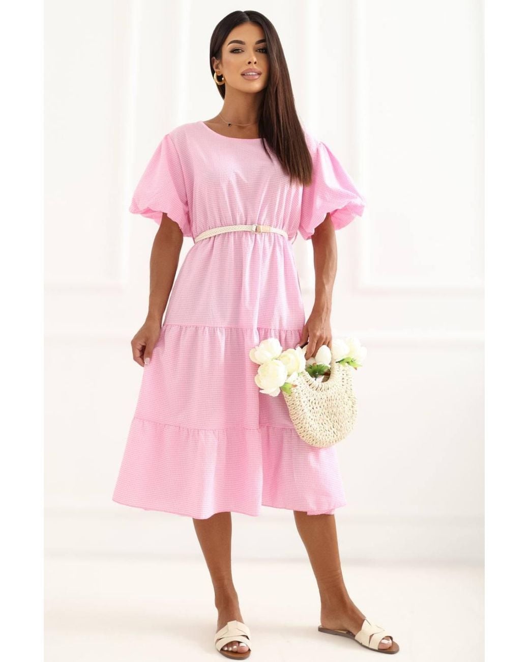 Love Lace Pink Summer Cotton Short Sleeve Checked Dress
