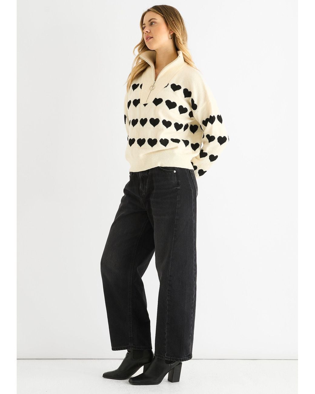 Gini London Blue Heart Zip Up Loose Fit Knit Jumper