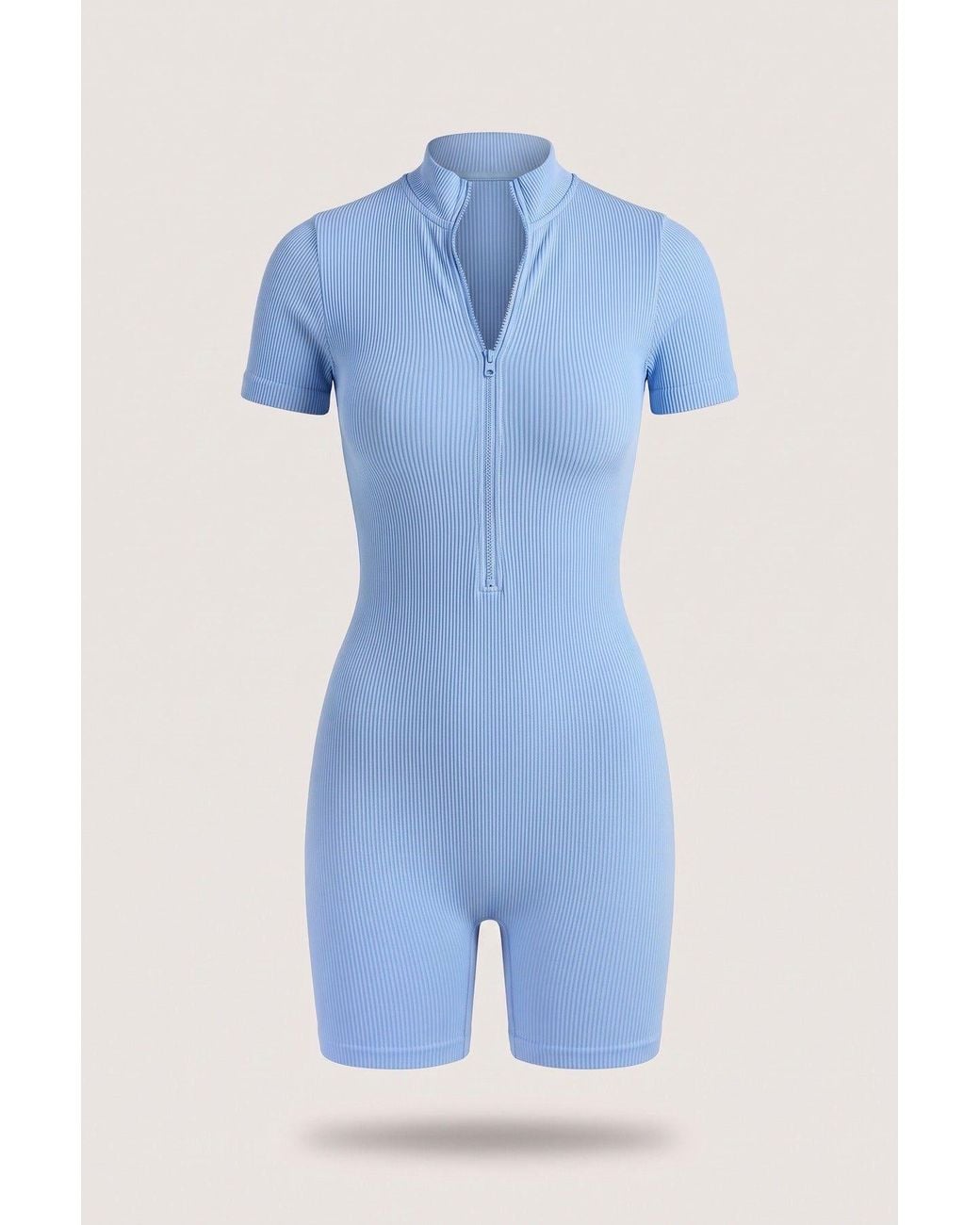 IKRUSH Blue Milena Rib Knit Zip Front Short Sleeve Playsuit