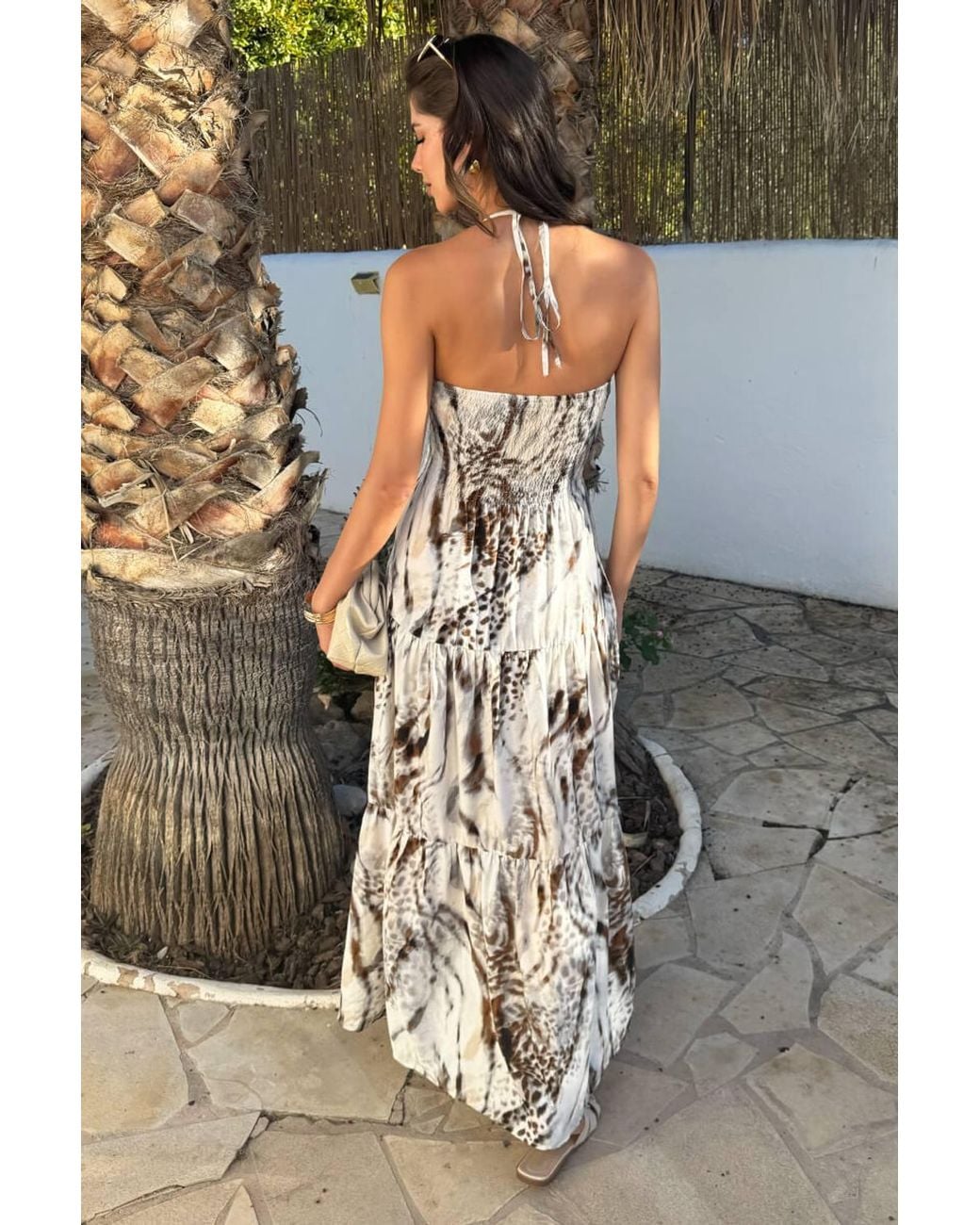 AX Paris Gray Multi Animal Print Tie Neck Shirred Top Smock Midi Dress
