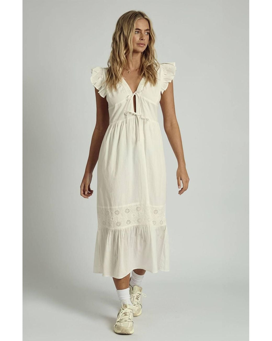 Native Youth Natural Cotton V-Neck Ruffle Sleeve Tie Embroidered Midi Dress
